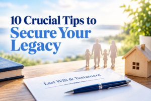 Banner reading'10 Crucial Tips to Secure Your Legacy' over a scene with a will, pen, small house model, a book, and a silhouetted family by a sunny waterfront.