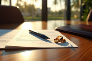 Divorce Legal Representation - Akilah Harris, PLLC. - Akilah Harris, PLLC. Two gold wedding bands lie on a contract next to a pen on a wooden desk, illuminated by warm sunset light outside a window.