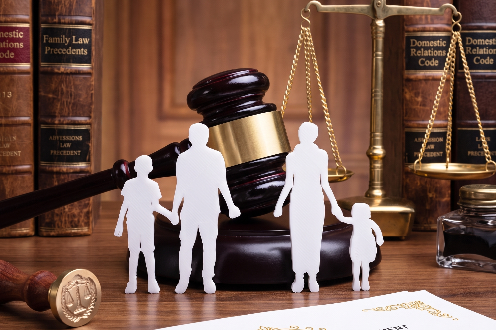 Silhouetted white family figures (two adults and two children) stand before a judge's gavel and the scales of justice, with law books in the background, conveying family law and legal protection.