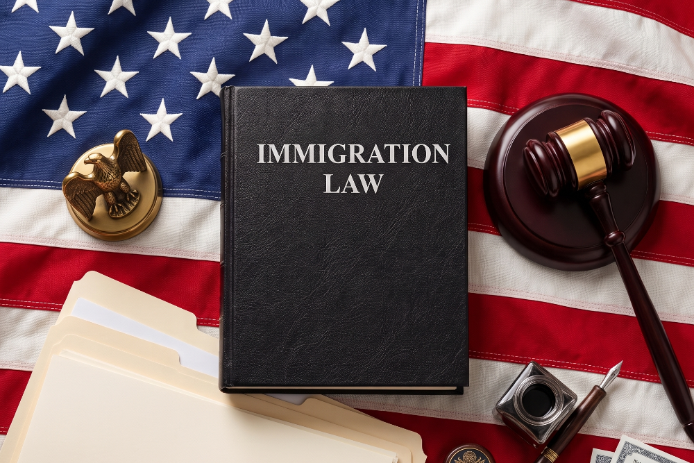Black 'Immigration Law' book on a US flag, with a gavel, eagle seal, folders, and inkpot nearby; legal imagery for immigration law.