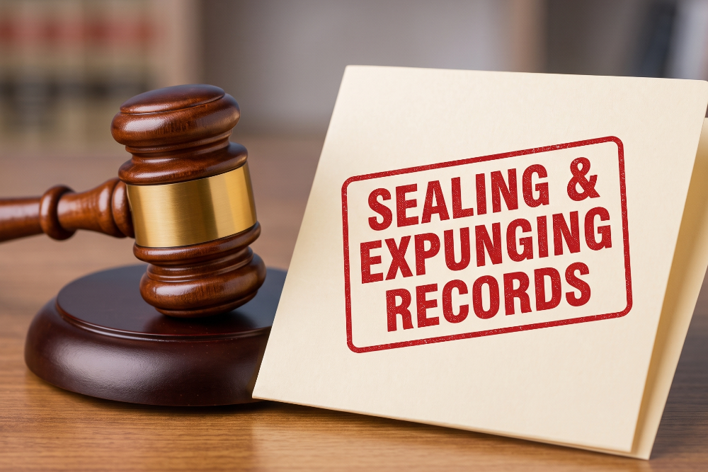 Gavel beside a beige card stamped 'Sealing & Expunging Records' on a wooden desk during a legal proceeding.