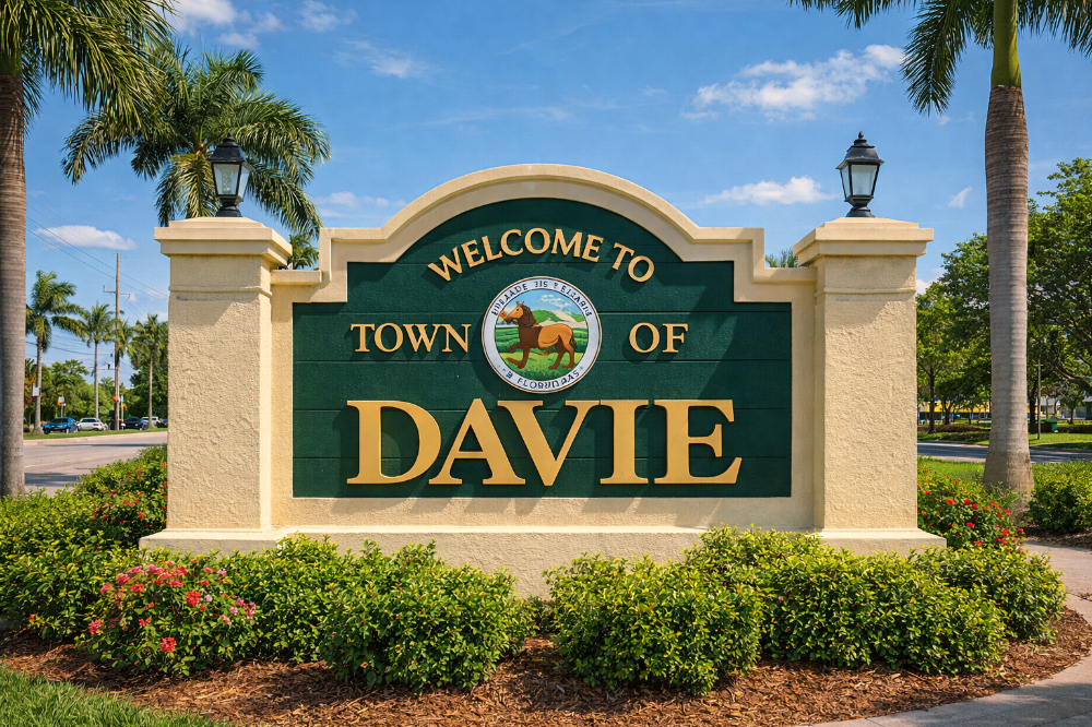 Welcome sign for the Town of Davie with a green panel, gold lettering, and a circular seal, framed by palm trees under a blue sky.