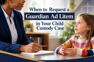 When to request Guardian Ad Litem - Akilah Harris, PLLC. - Akilah Harris, PLLC. Attorney in a blue blazer signs a document at a desk while a young girl listens, discussing a child custody case.